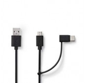 Cable 2 in 1 USB-A Male -USB Micro-B Male -USB-C 1M