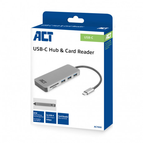 ACT USB-C hub 3.0, 3x USB-A, card reader, PD pass-through